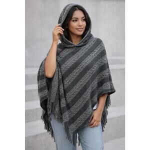 Shein Grey Knit Hooded Poncho Shawl With Fringe - One Size